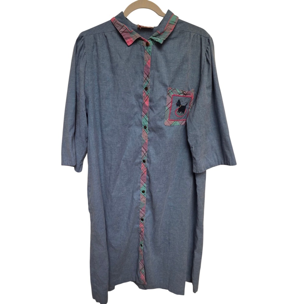 Vintage 70s Smart Time Novelty Scottie Dog Embroidered‎ Shirt Dress Plaid